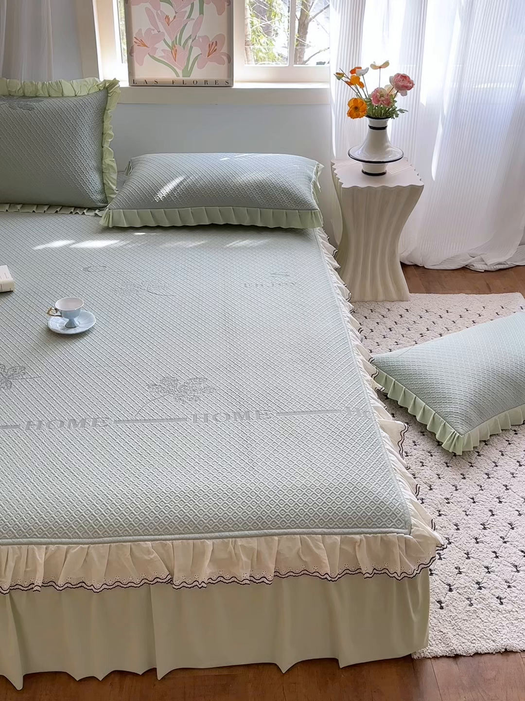 91家纺网 家纺一手货源 找家纺 美优兰 2026PE提花凉感冰豆豆三明治复合凉席 （提供买家秀） 晚亭绿