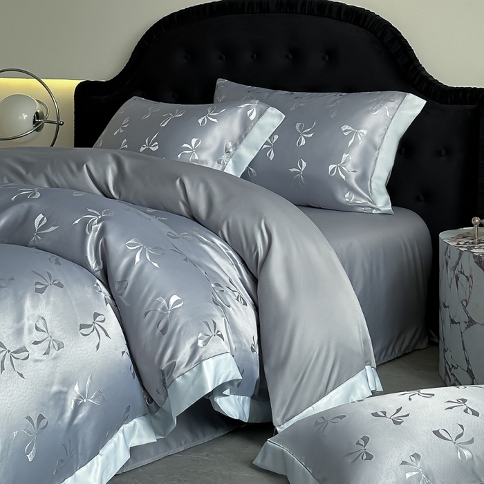 91家纺网 家纺一手货源 找家纺 缘生活 2026新款高精密提花吊边四件套 提花蝴蝶结灰灰+边蓝