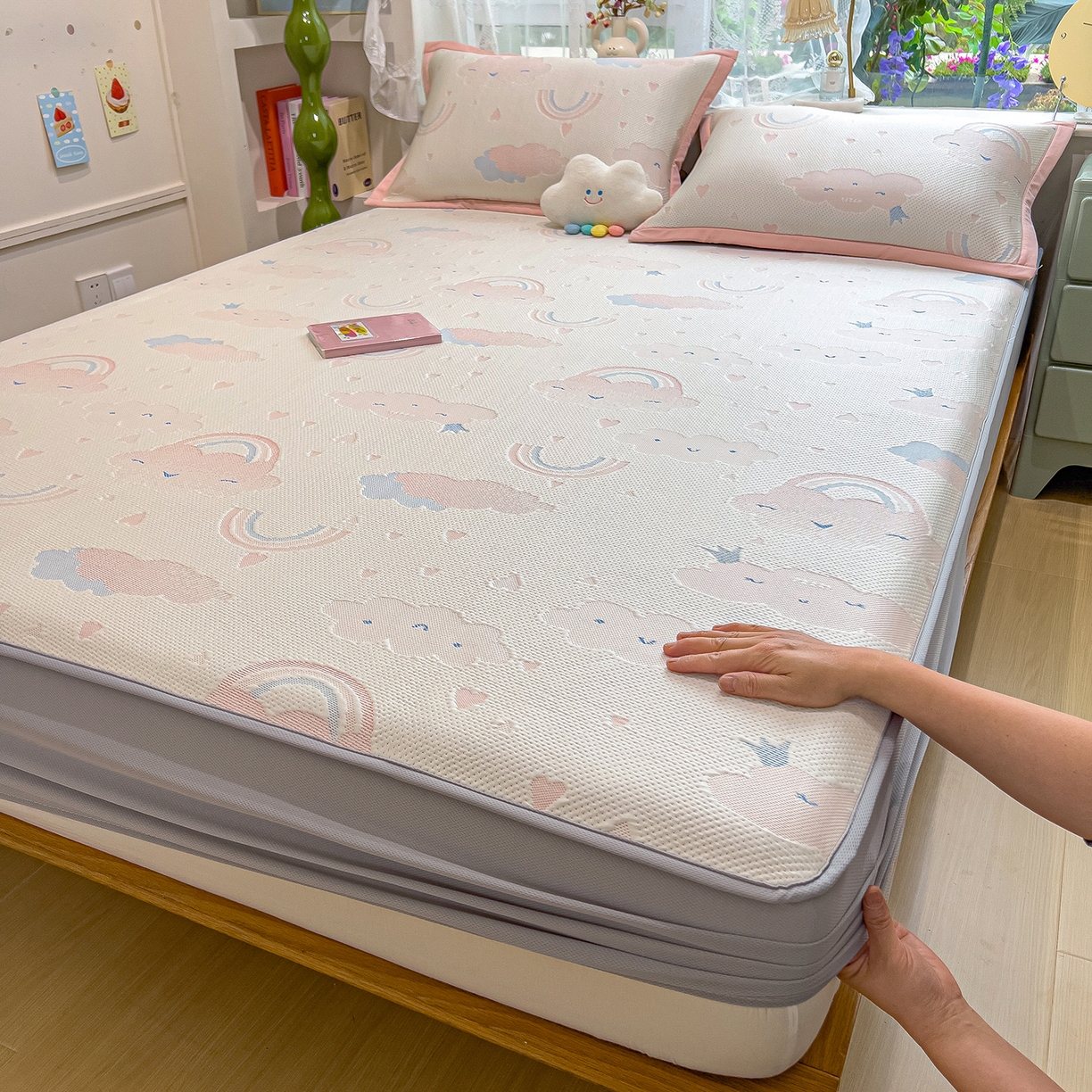 91家纺网 家纺一手货源 找家纺 典冠 2026新款PE凉感豆豆提花软席 彩虹