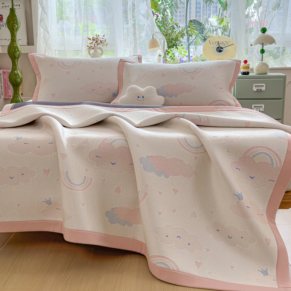 91家纺网 家纺一手货源 找家纺 典冠 2026新款PE凉感豆豆提花软席 彩虹