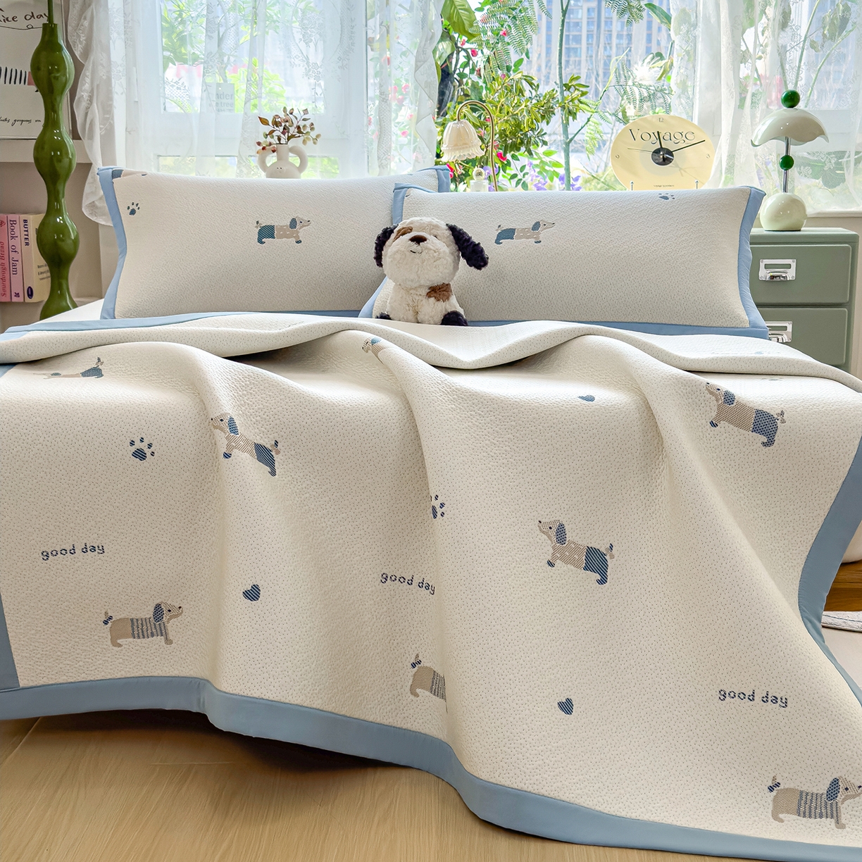 91家纺网 家纺一手货源 找家纺 典冠 2026新款PE凉感豆豆提花软席 阳光狗狗