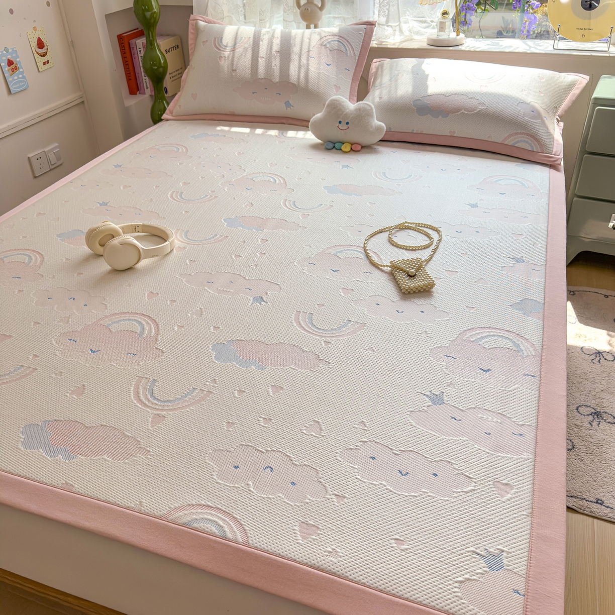 91家纺网 家纺一手货源 找家纺 典冠 2026新款PE凉感豆豆提花软席 彩虹