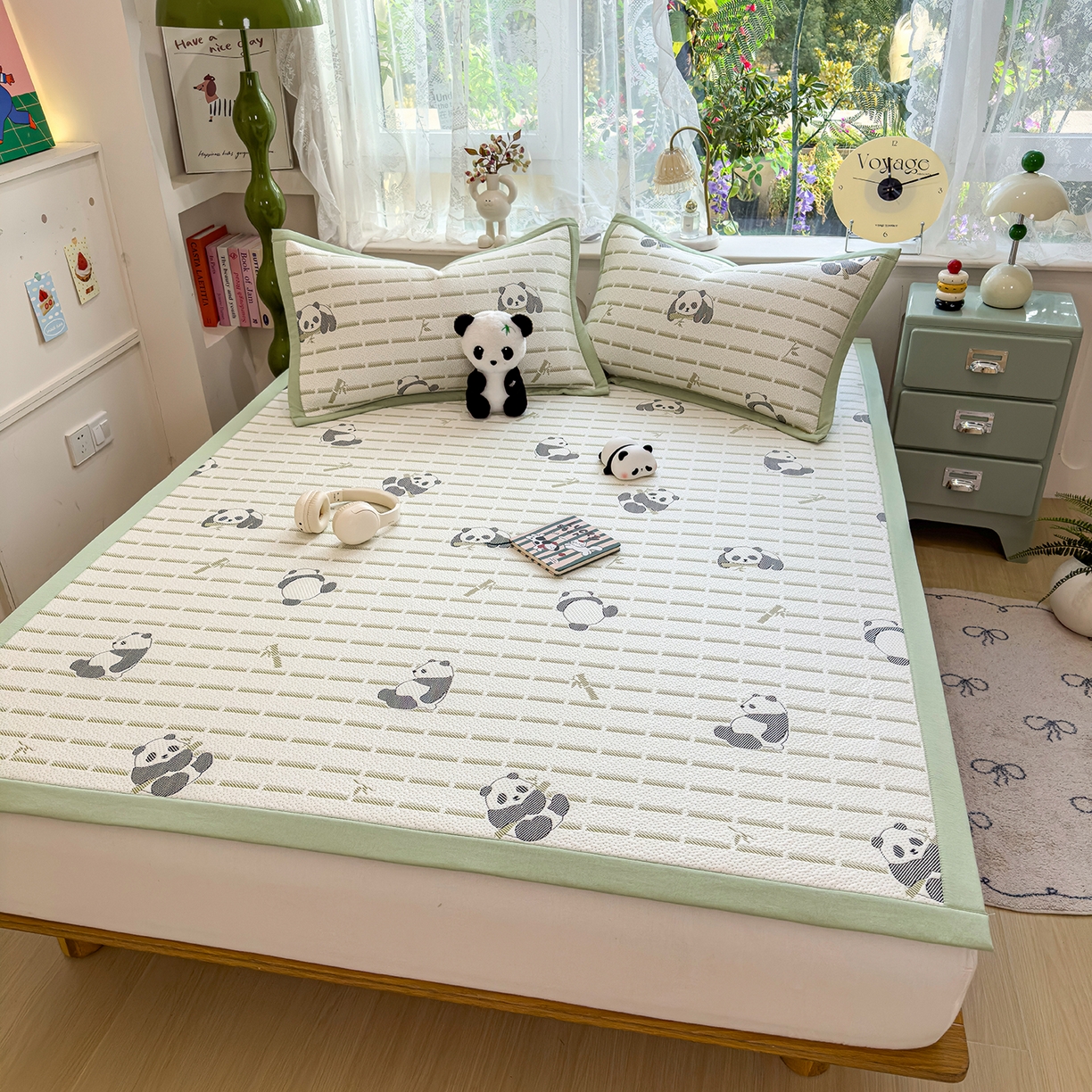 91家纺网 家纺一手货源 找家纺 典冠 2026新款PE凉感豆豆提花软席 熊猫-绿