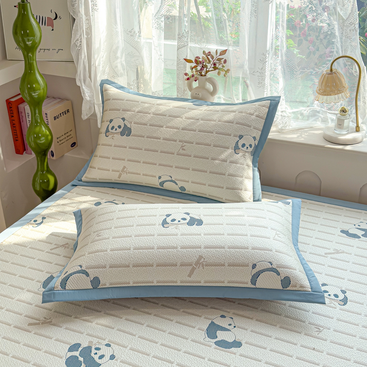 91家纺网 家纺一手货源 找家纺 典冠 2026新款PE凉感豆豆提花软席 熊猫-蓝