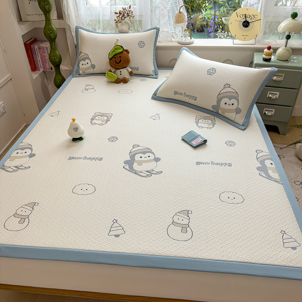 91家纺网 家纺一手货源 找家纺 典冠 2026新款PE凉感豆豆提花软席 滑雪企鹅