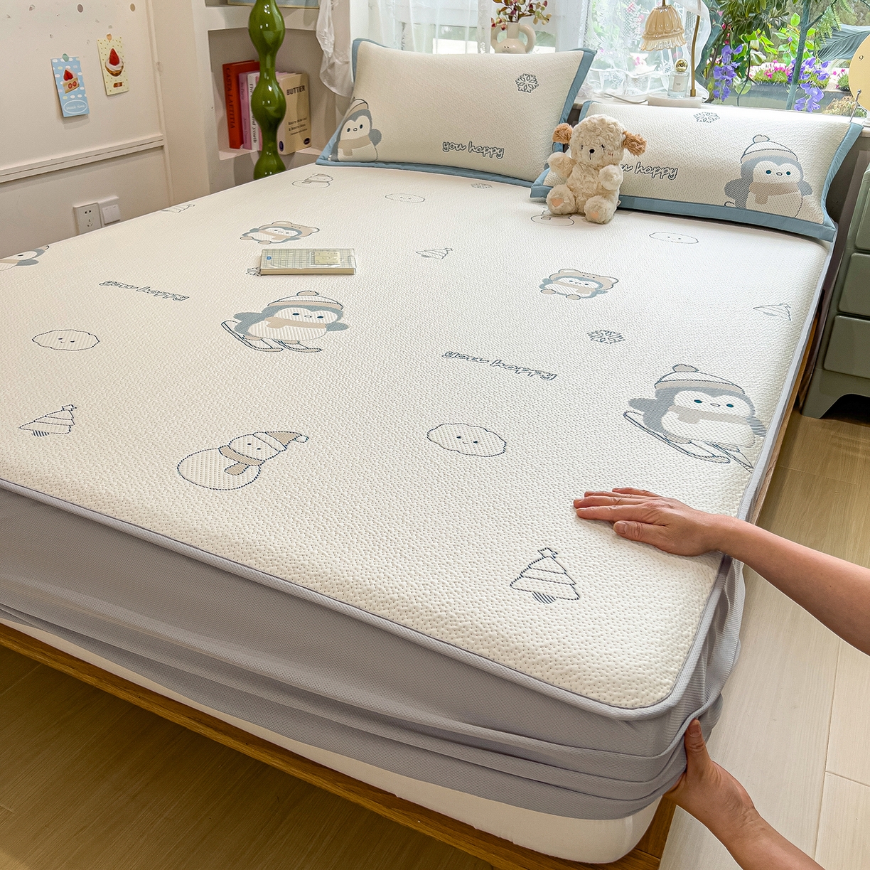 91家纺网 家纺一手货源 找家纺 典冠 2026新款PE凉感豆豆提花软席 滑雪企鹅