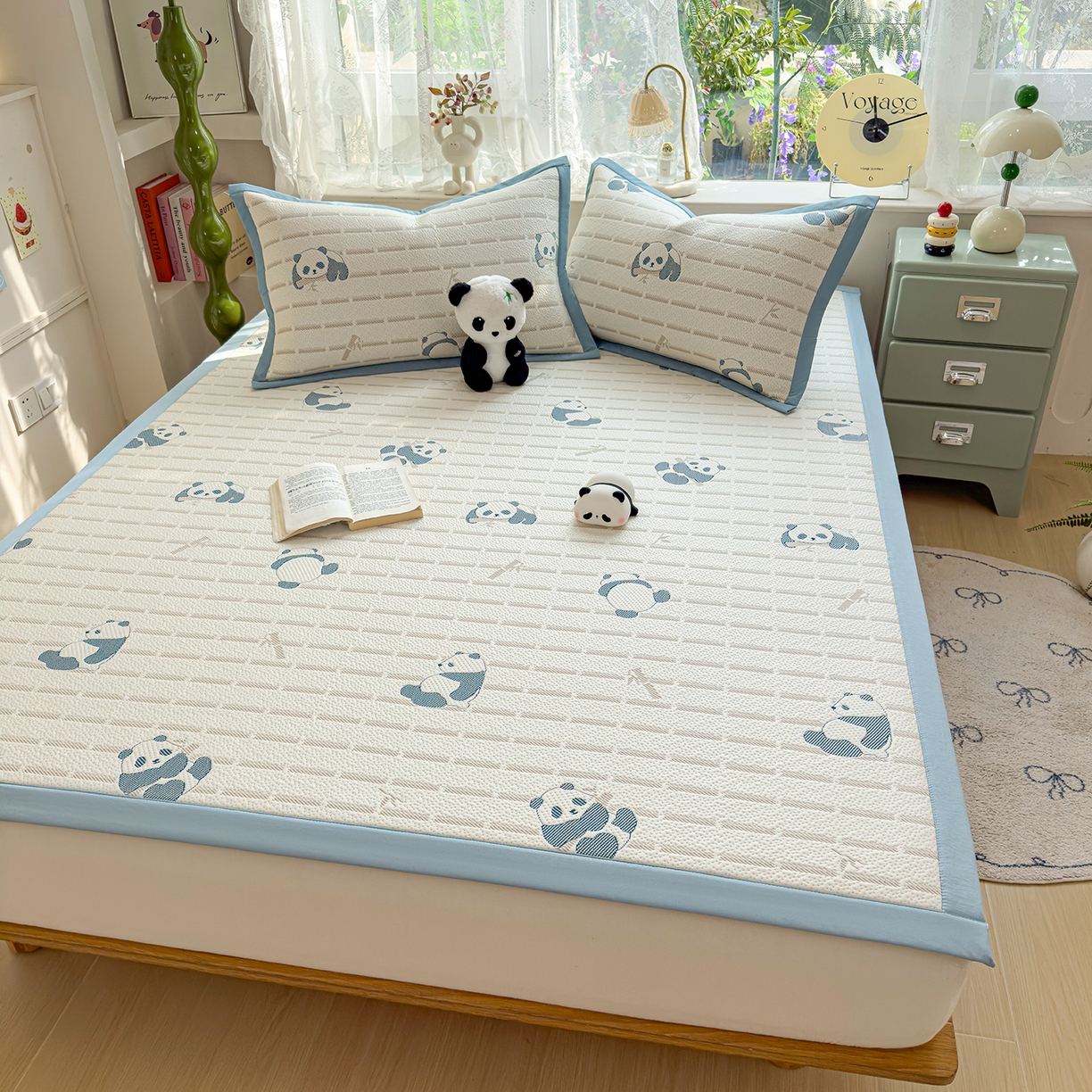 91家纺网 家纺一手货源 找家纺 典冠 2026新款PE凉感豆豆提花软席 熊猫-蓝