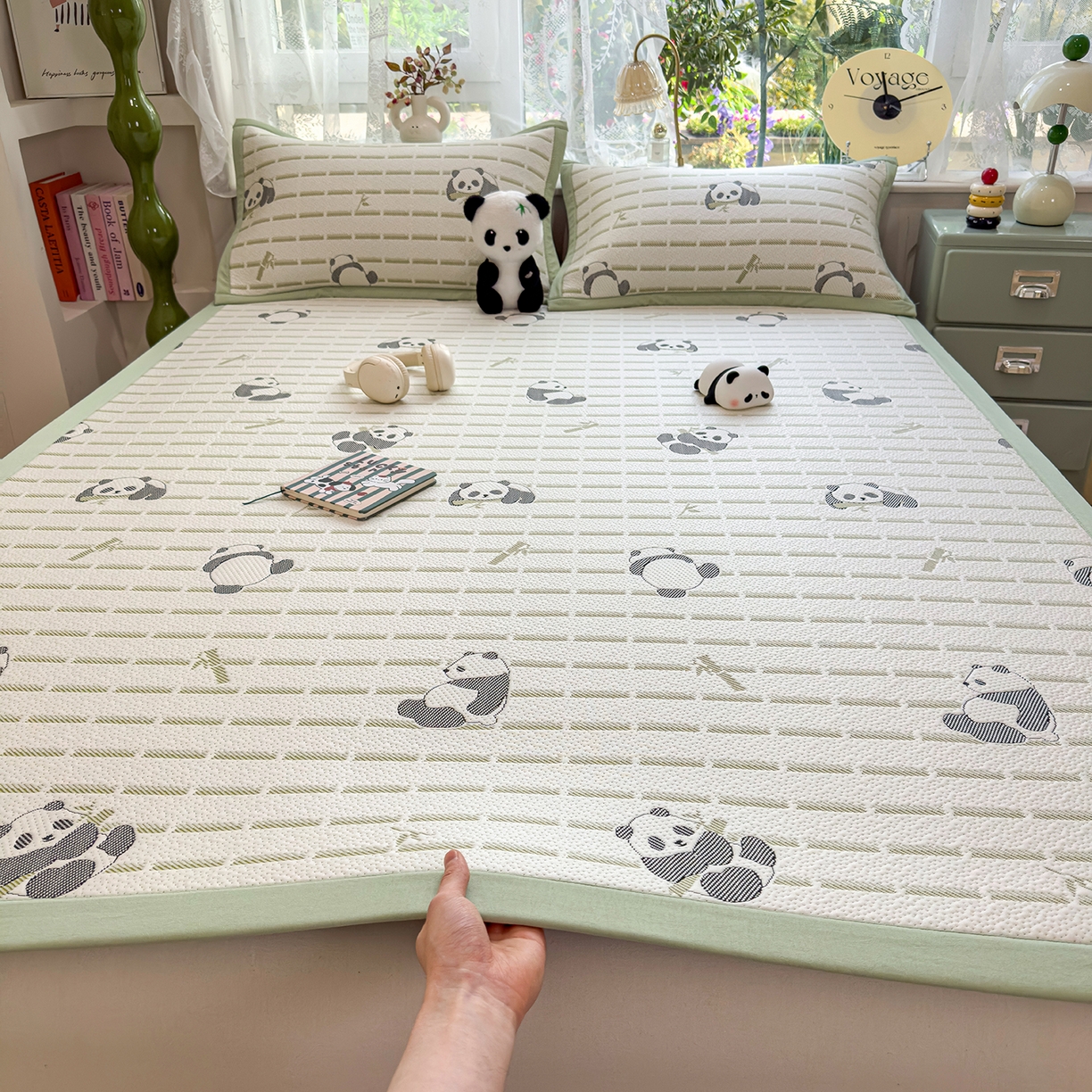 91家纺网 家纺一手货源 找家纺 典冠 2026新款PE凉感豆豆提花软席 熊猫-绿