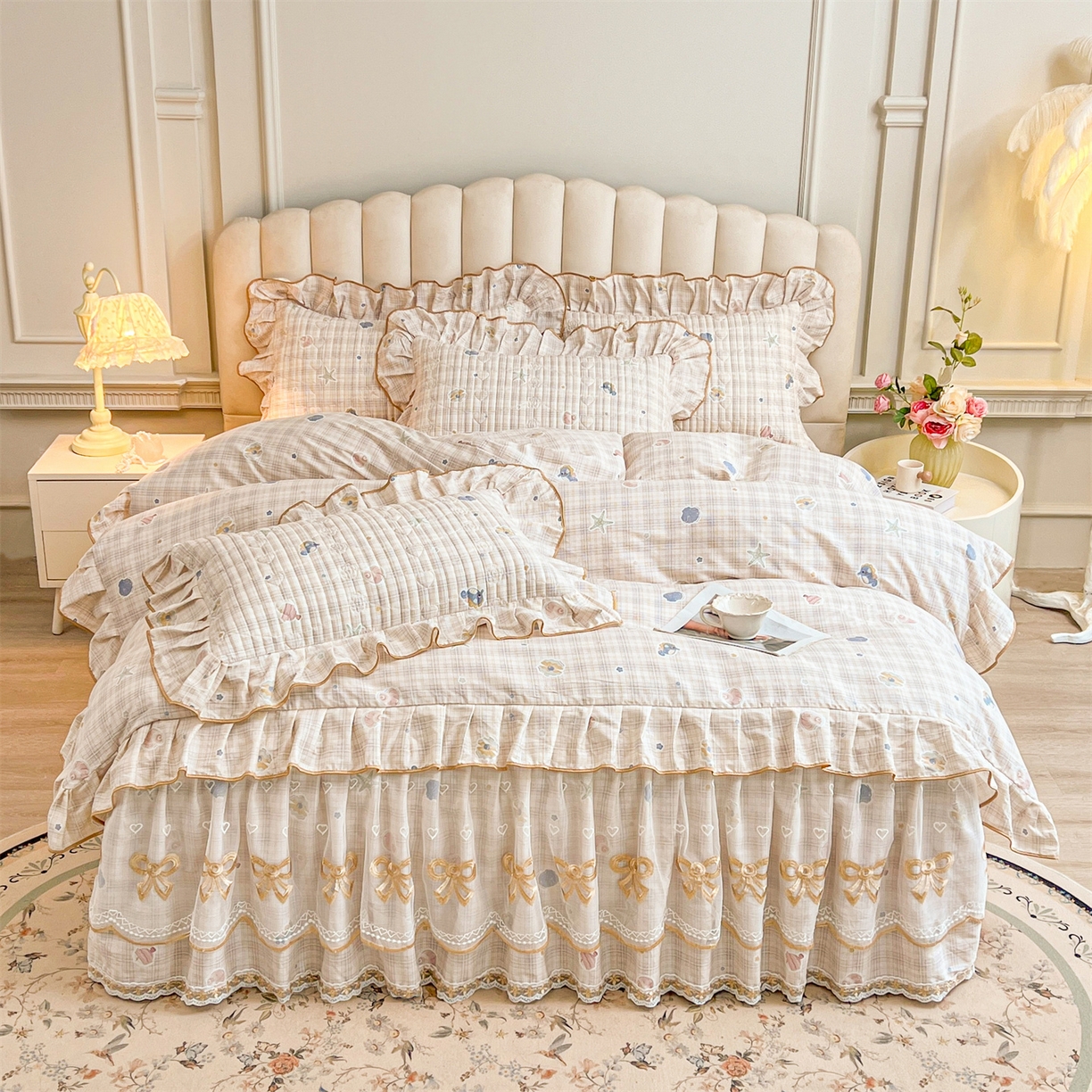 91家纺网 家纺一手货源 找家纺 宜凡家纺 2026新款全棉印花公主风夹棉床裙四件套② 海底世界