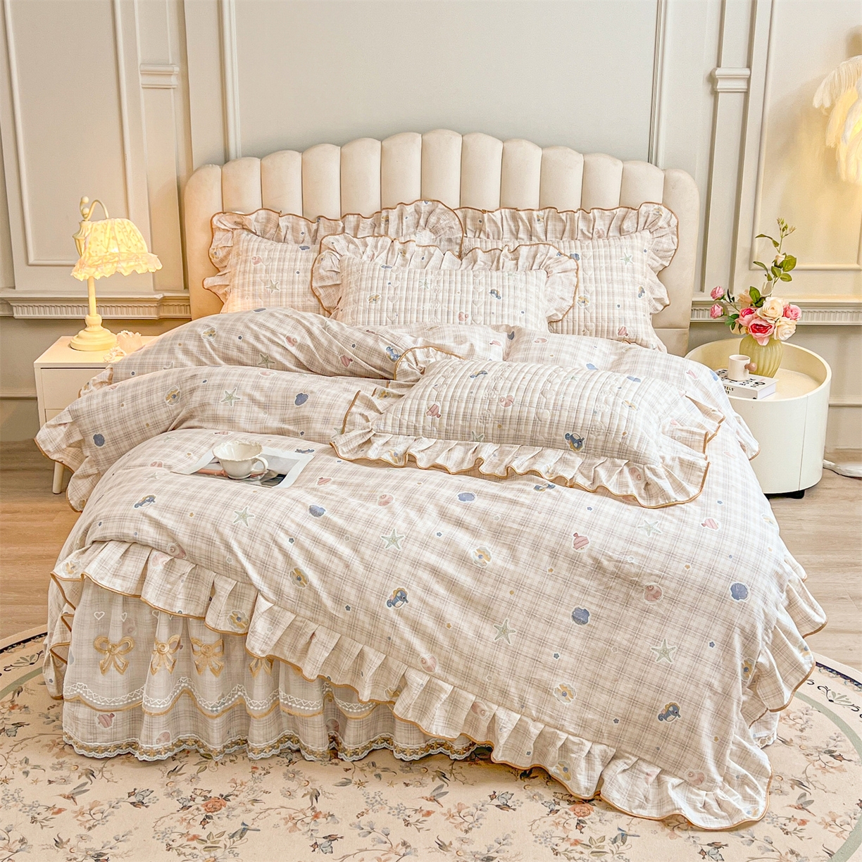 91家纺网 家纺一手货源 找家纺 宜凡家纺 2026新款全棉印花公主风夹棉床裙四件套② 海底世界