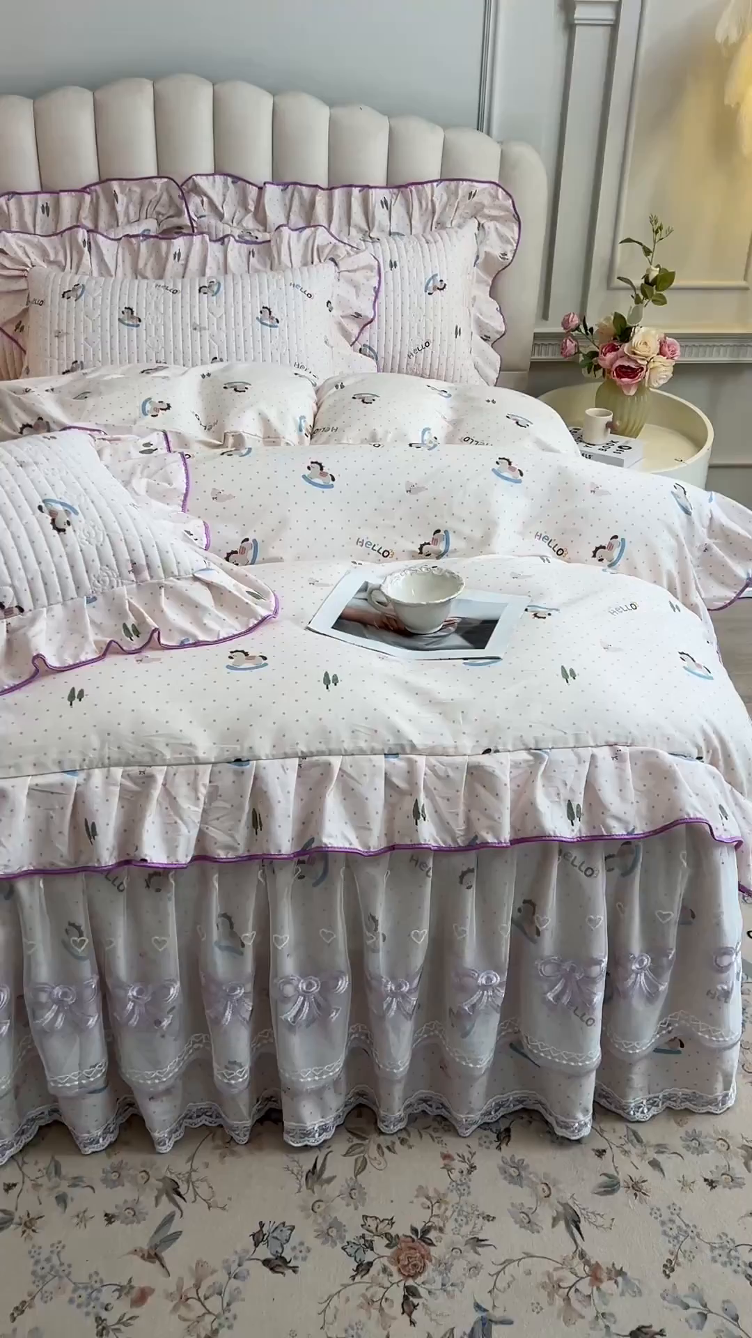 91家纺网 家纺一手货源 找家纺 宜凡家纺 2026新款全棉印花公主风夹棉床裙四件套② 摇摇木马