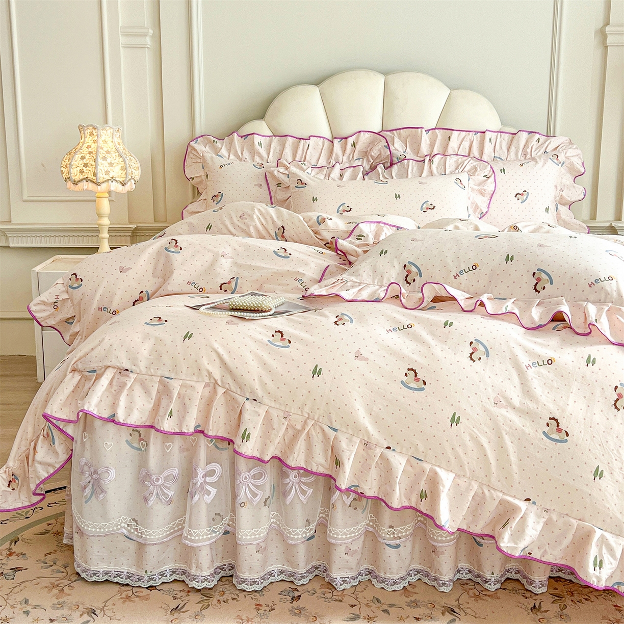 91家纺网 家纺一手货源 找家纺 宜凡家纺 2026新款全棉公主风单层床裙三件套② 摇摇木马