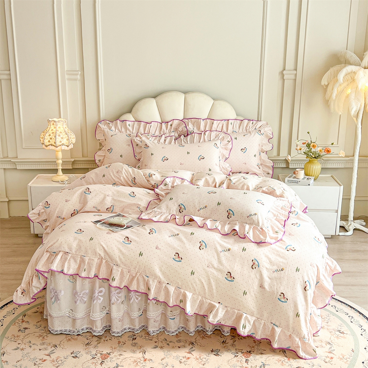 91家纺网 家纺一手货源 找家纺 宜凡家纺 2026新款全棉公主风单层床裙三件套② 摇摇木马