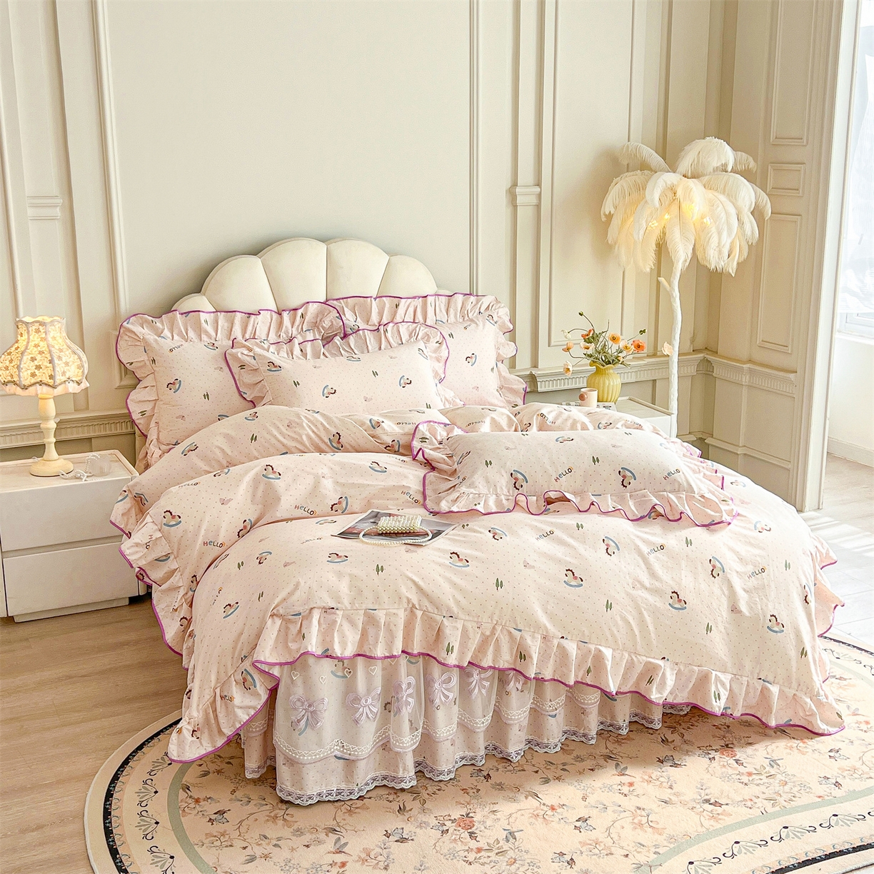 91家纺网 家纺一手货源 找家纺 宜凡家纺 2026新款全棉公主风单层床裙三件套② 摇摇木马