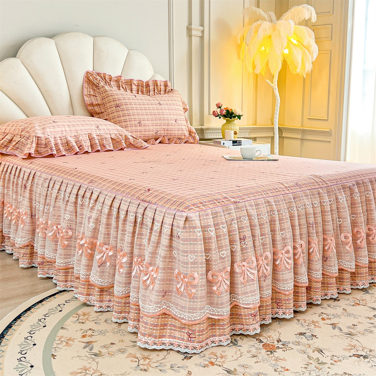 91家纺网 家纺一手货源 找家纺 宜凡家纺 2026新款全棉公主风单层床裙四件套② 樱桃蝴蝶结