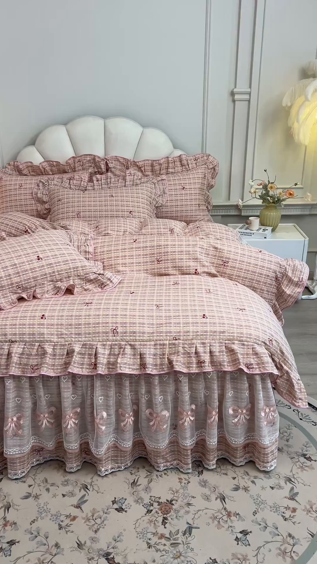 91家纺网 家纺一手货源 找家纺 宜凡家纺 2026新款全棉公主风单层床裙四件套② 樱桃蝴蝶结