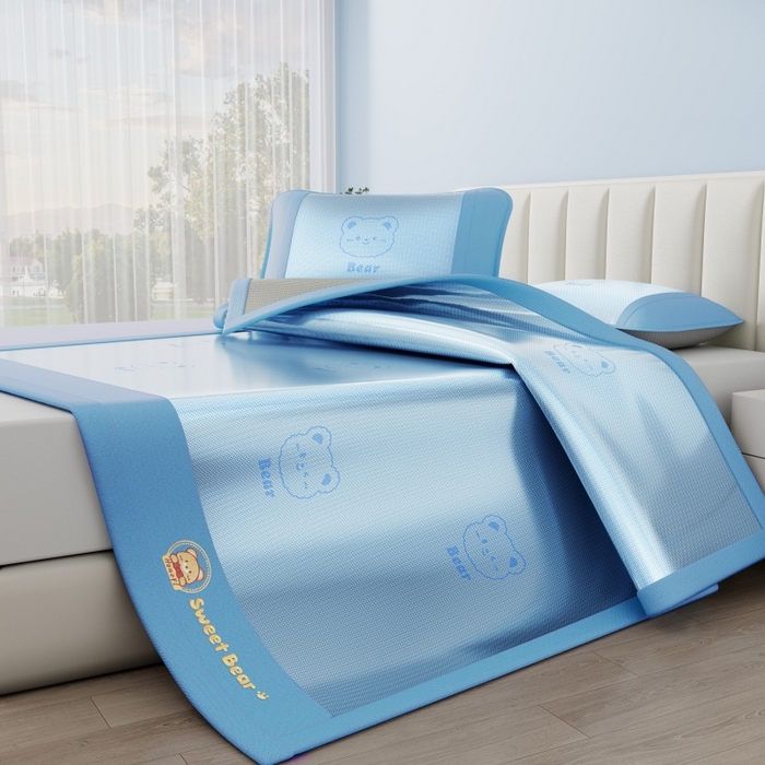 91家纺网 家纺一手货源 找家纺 梵克保罗 2026新款3D复合三明治冰藤冰丝凉席套件-甜蜜小熊 甜蜜小熊-蓝色