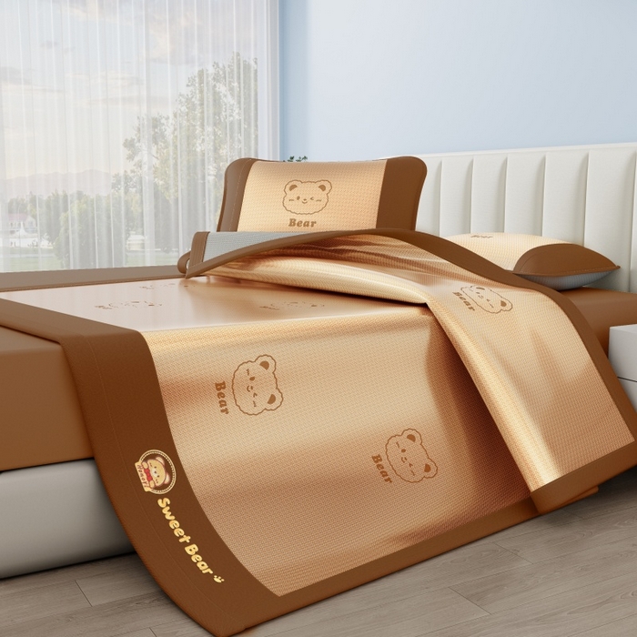 91家纺网 家纺一手货源 找家纺 梵克保罗 2026新款3D复合三明治冰藤冰丝凉席套件-甜蜜小熊 甜蜜小熊-咖色