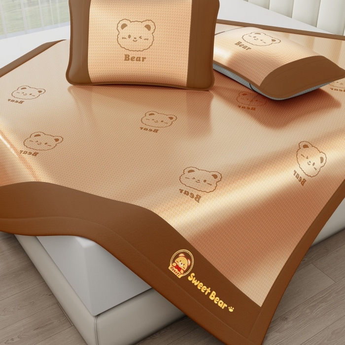 91家纺网 家纺一手货源 找家纺 梵克保罗 2026新款3D复合三明治冰藤冰丝凉席套件-甜蜜小熊 甜蜜小熊-咖色