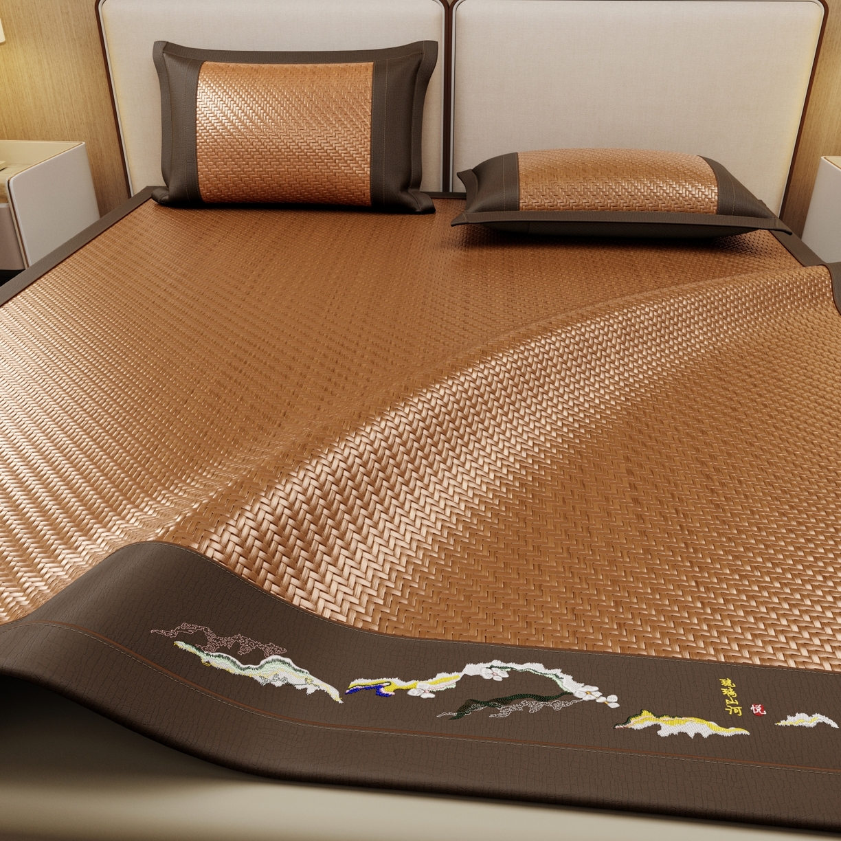 91家纺网 家纺一手货源 找家纺 梵克保罗 2026新款3D加厚复合PE聚乙烯雪藤席-琉璃山河 琉璃山河-浅咖