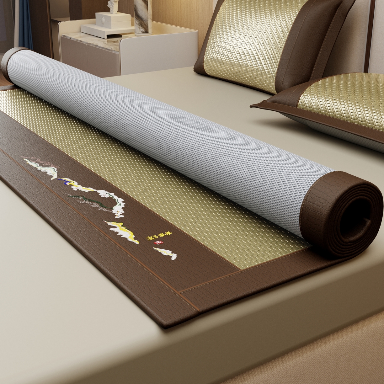 91家纺网 家纺一手货源 找家纺 梵克保罗 2026新款3D加厚复合PE聚乙烯雪藤席-琉璃山河 琉璃山河-青绿