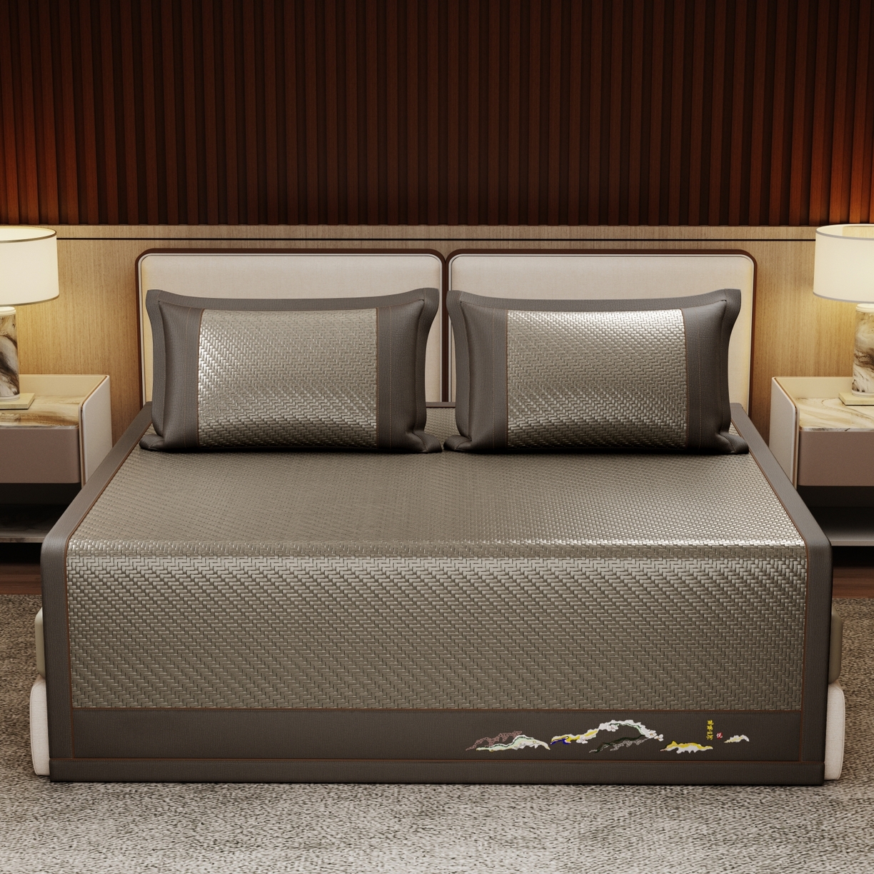 91家纺网 家纺一手货源 找家纺 梵克保罗 2026新款3D加厚复合PE聚乙烯雪藤席-琉璃山河 琉璃山河-灰色