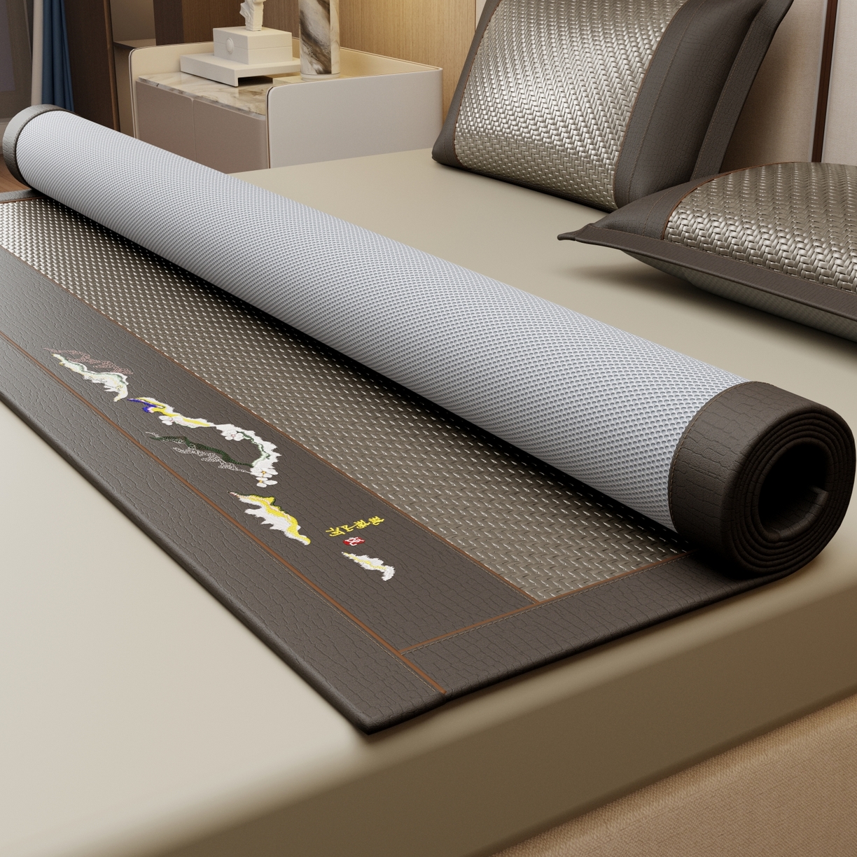 91家纺网 家纺一手货源 找家纺 梵克保罗 2026新款3D加厚复合PE聚乙烯雪藤席-琉璃山河 琉璃山河-灰色