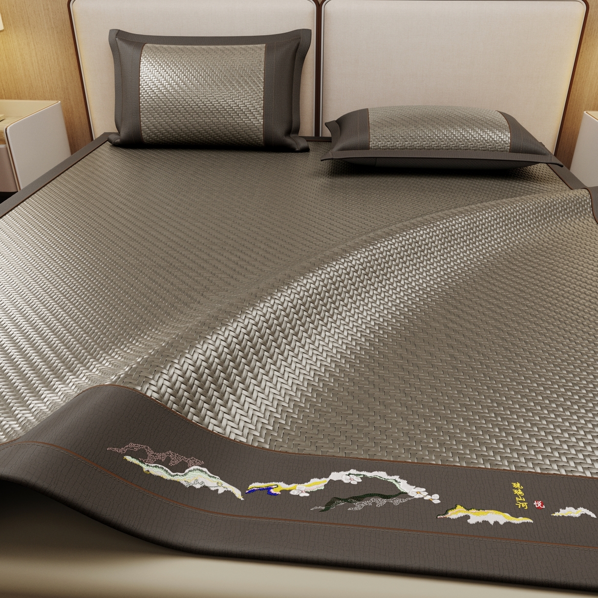 91家纺网 家纺一手货源 找家纺 梵克保罗 2026新款3D加厚复合PE聚乙烯雪藤席-琉璃山河 琉璃山河-灰色