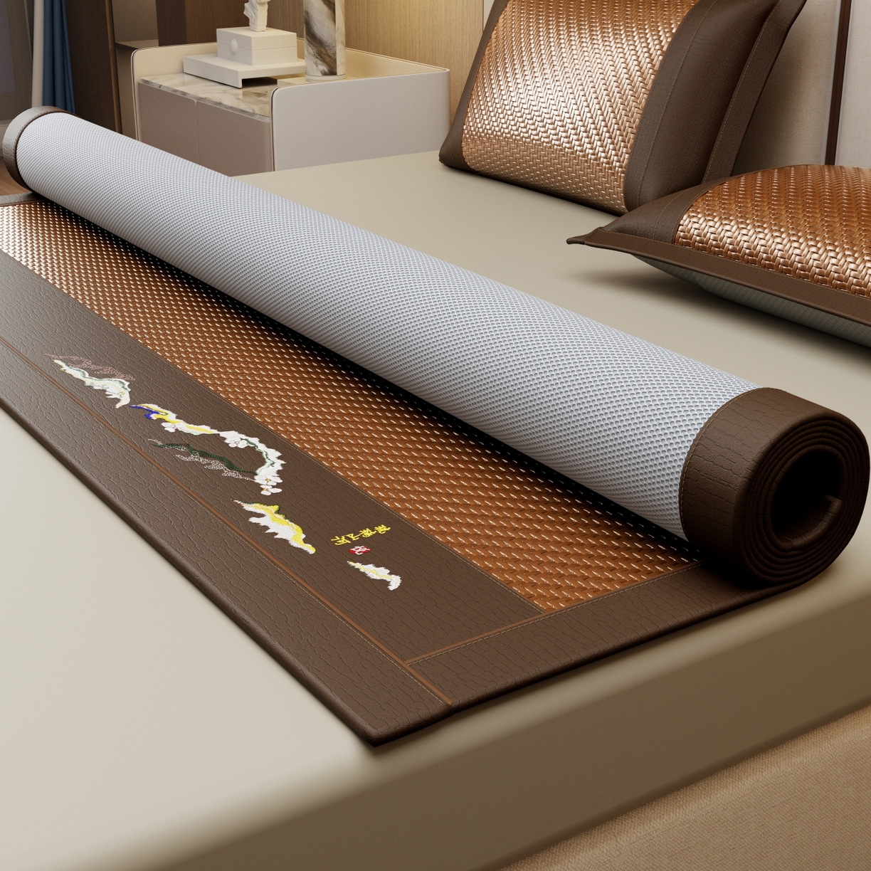 91家纺网 家纺一手货源 找家纺 梵克保罗 2026新款3D加厚复合PE聚乙烯雪藤席-琉璃山河 琉璃山河-深咖