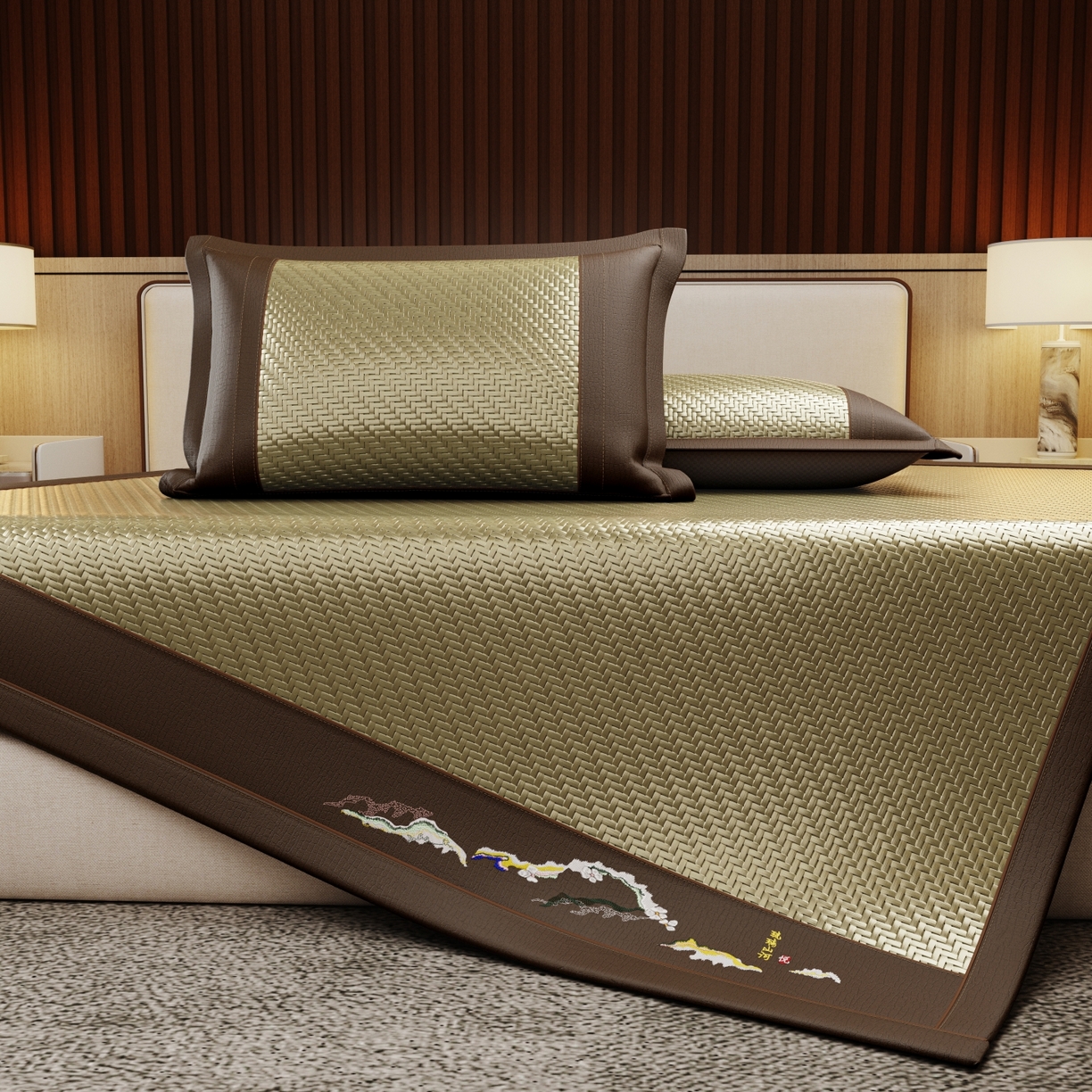 91家纺网 家纺一手货源 找家纺 梵克保罗 2026新款3D加厚复合PE聚乙烯雪藤席-琉璃山河 琉璃山河-青绿