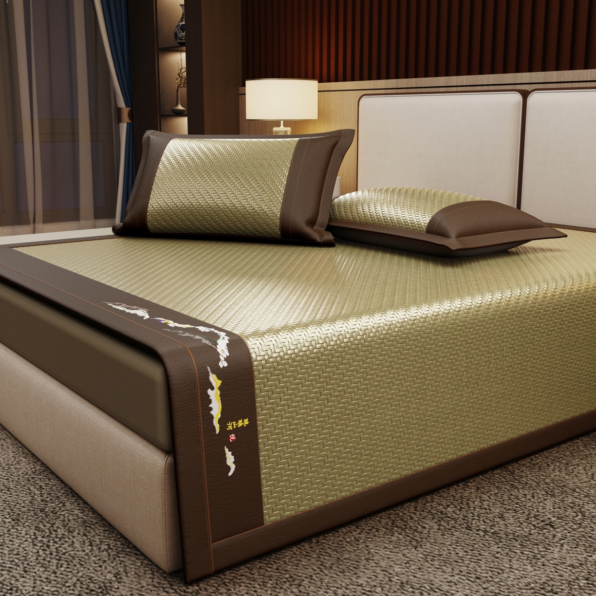 91家纺网 家纺一手货源 找家纺 梵克保罗 2026新款3D加厚复合PE聚乙烯雪藤席-琉璃山河 琉璃山河-青绿