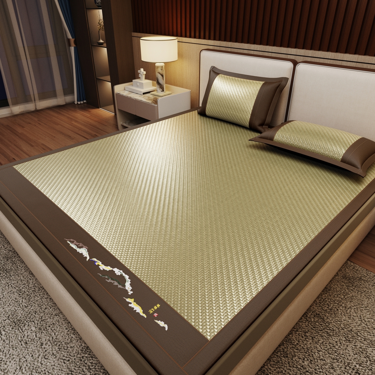 91家纺网 家纺一手货源 找家纺 梵克保罗 2026新款3D加厚复合PE聚乙烯雪藤席-琉璃山河 琉璃山河-青绿