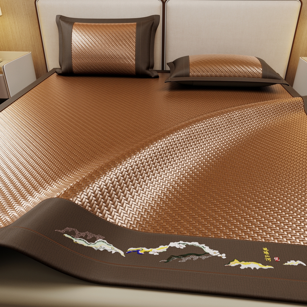 91家纺网 家纺一手货源 找家纺 梵克保罗 2026新款3D加厚复合PE聚乙烯雪藤席-琉璃山河 琉璃山河-深咖