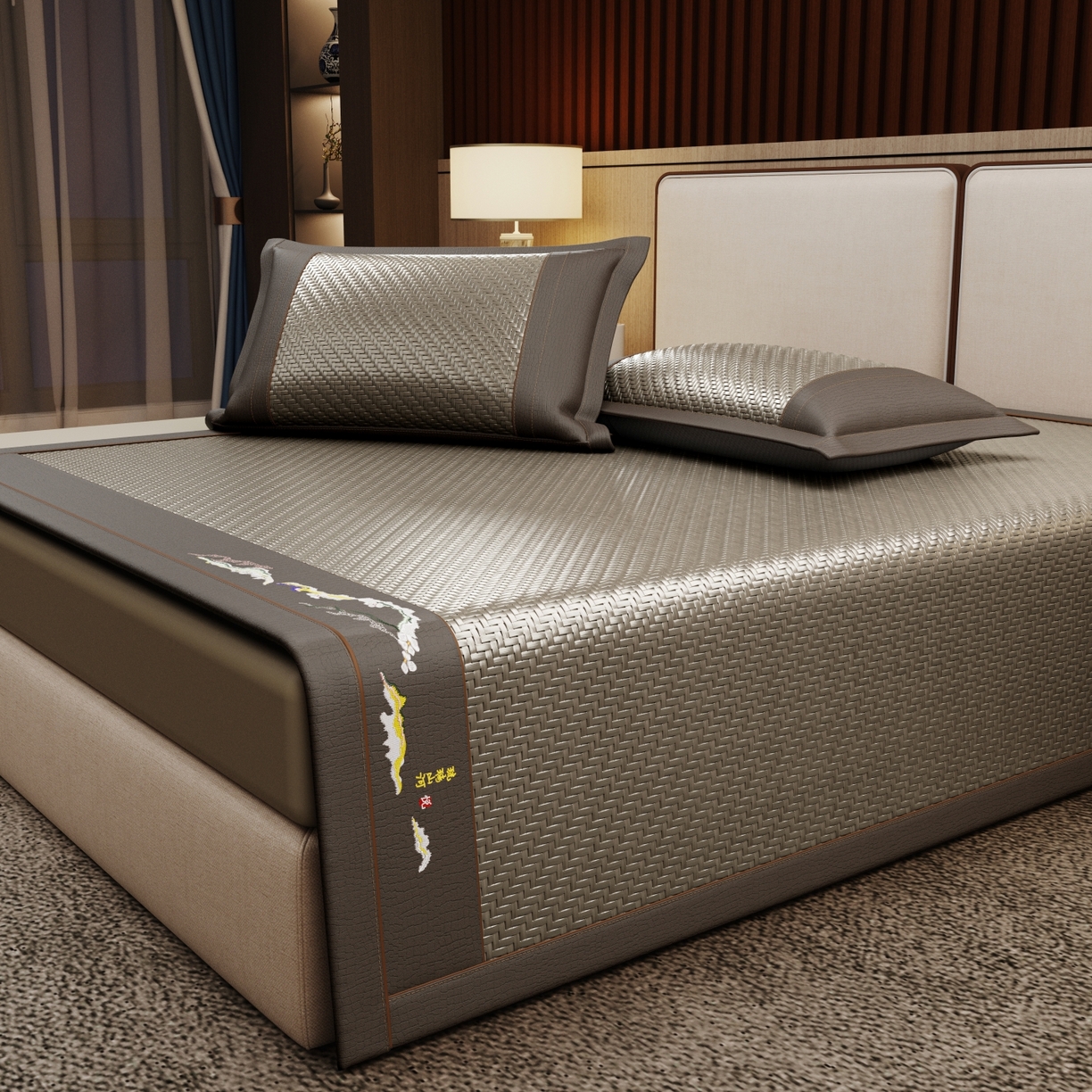 91家纺网 家纺一手货源 找家纺 梵克保罗 2026新款3D加厚复合PE聚乙烯雪藤席-琉璃山河 琉璃山河-灰色