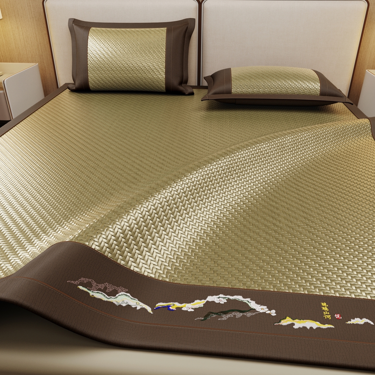 91家纺网 家纺一手货源 找家纺 梵克保罗 2026新款3D加厚复合PE聚乙烯雪藤席-琉璃山河 琉璃山河-青绿