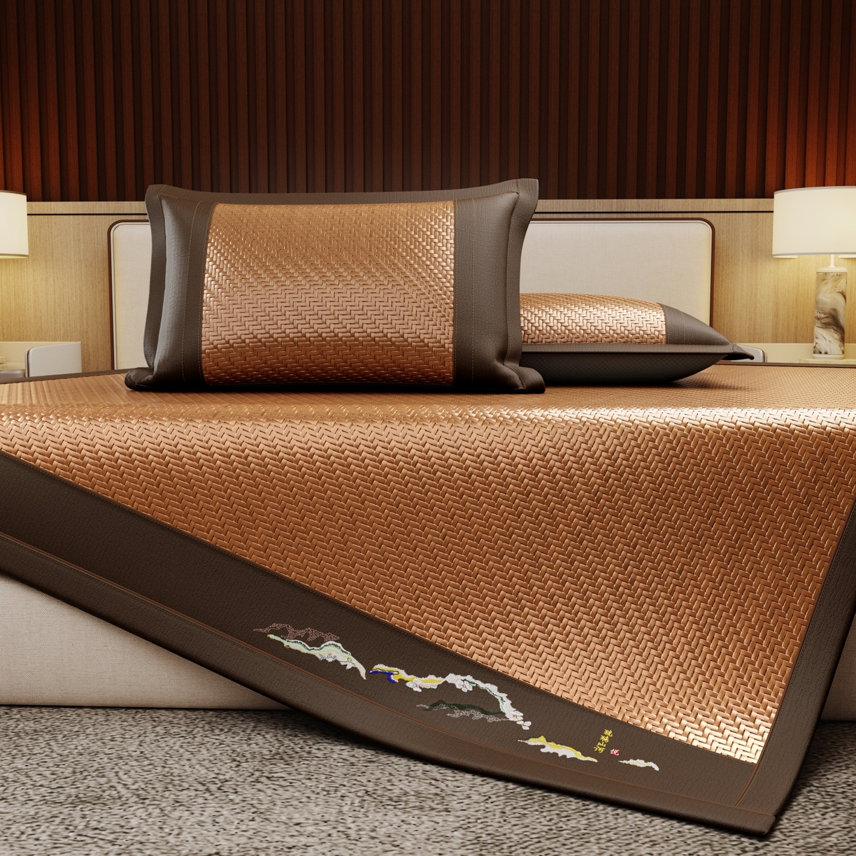 91家纺网 家纺一手货源 找家纺 梵克保罗 2026新款3D加厚复合PE聚乙烯雪藤席-琉璃山河 琉璃山河-浅咖