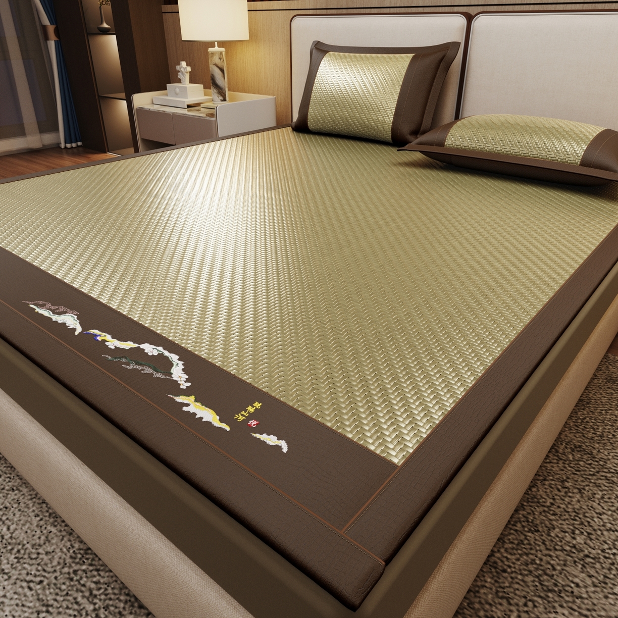 91家纺网 家纺一手货源 找家纺 梵克保罗 2026新款3D加厚复合PE聚乙烯雪藤席-琉璃山河 琉璃山河-青绿