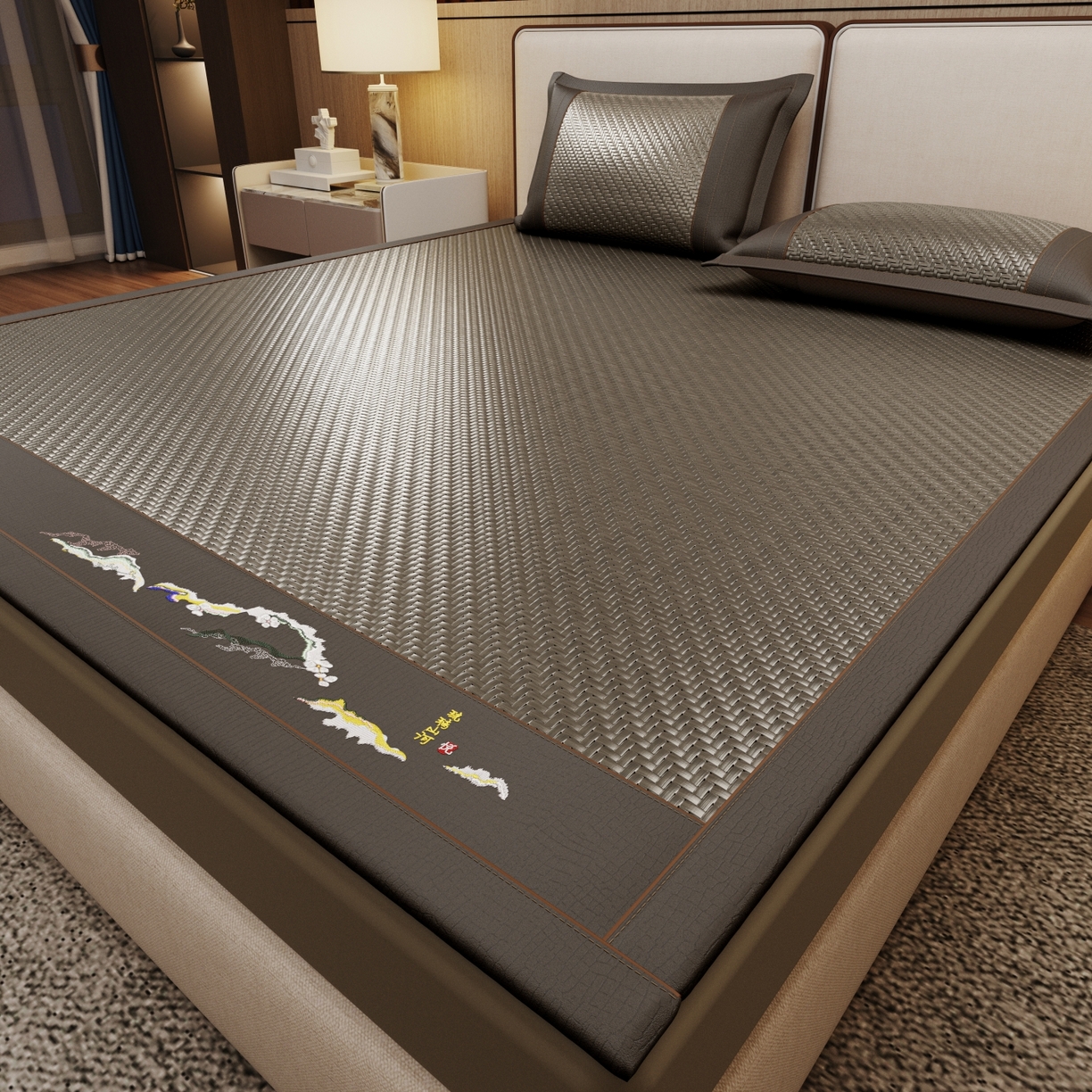 91家纺网 家纺一手货源 找家纺 梵克保罗 2026新款3D加厚复合PE聚乙烯雪藤席-琉璃山河 琉璃山河-灰色