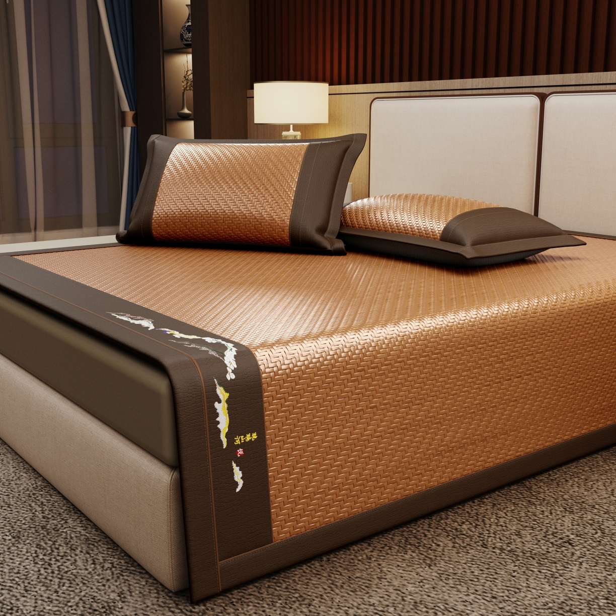 91家纺网 家纺一手货源 找家纺 梵克保罗 2026新款3D加厚复合PE聚乙烯雪藤席-琉璃山河 琉璃山河-浅咖