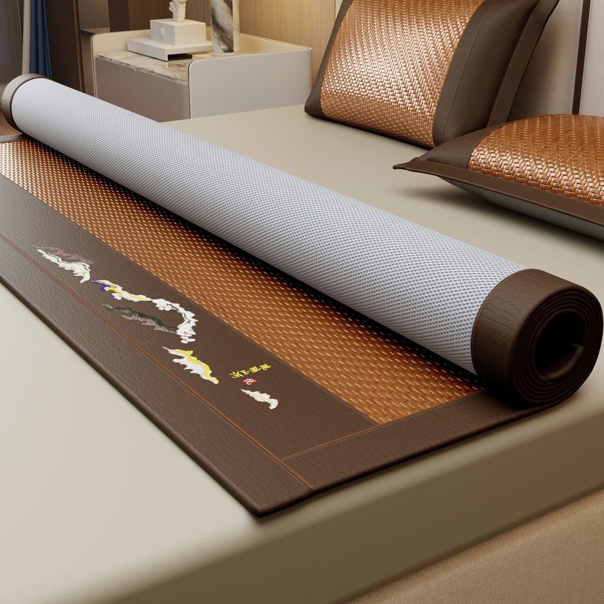 91家纺网 家纺一手货源 找家纺 梵克保罗 2026新款3D加厚复合PE聚乙烯雪藤席-琉璃山河 琉璃山河-浅咖