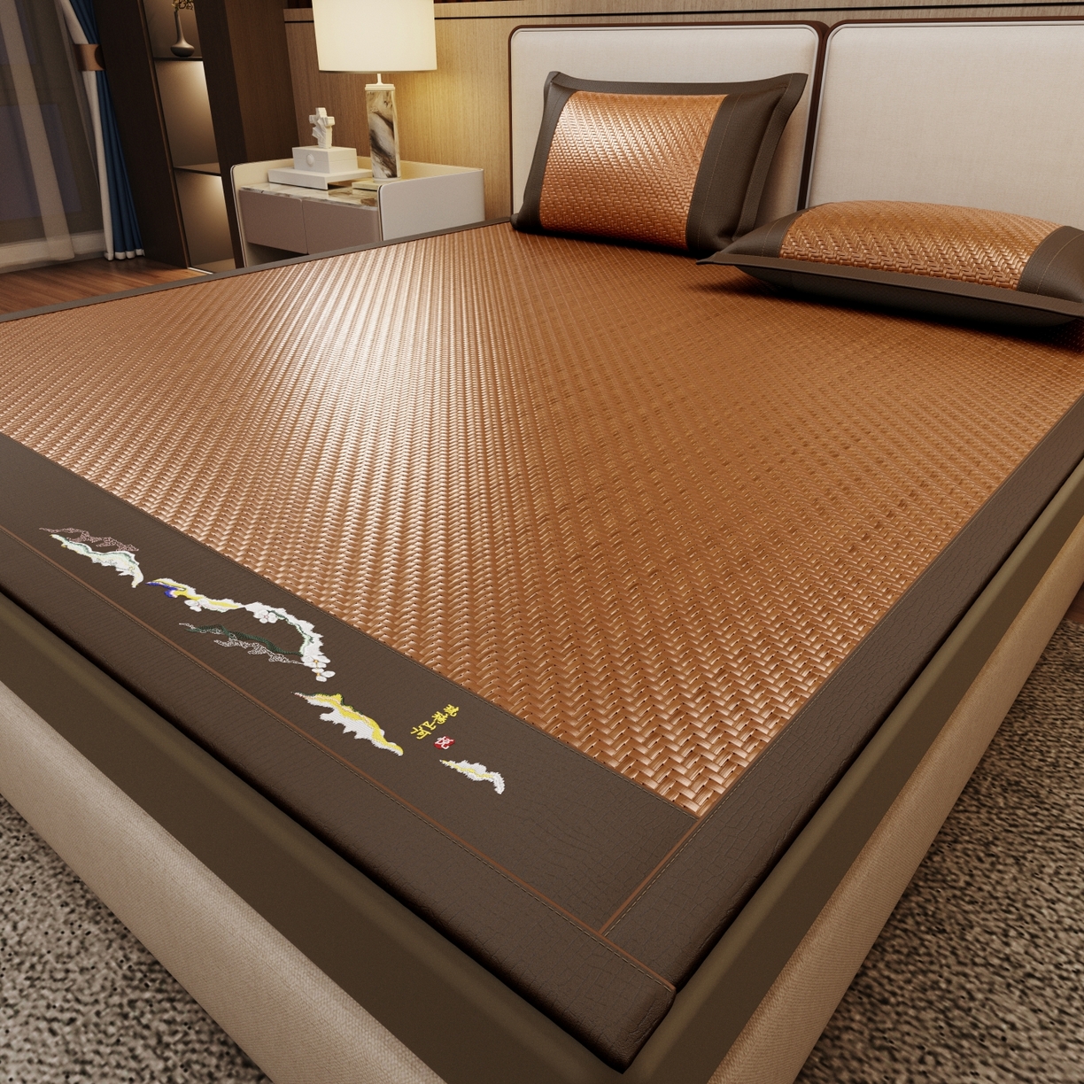 91家纺网 家纺一手货源 找家纺 梵克保罗 2026新款3D加厚复合PE聚乙烯雪藤席-琉璃山河 琉璃山河-浅咖