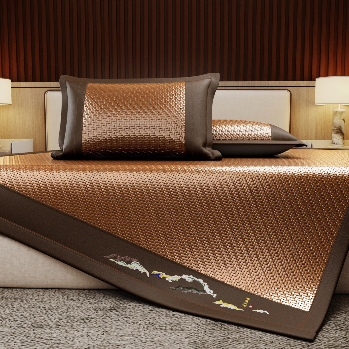 91家纺网 家纺一手货源 找家纺 梵克保罗 2026新款3D加厚复合PE聚乙烯雪藤席-琉璃山河 琉璃山河-深咖