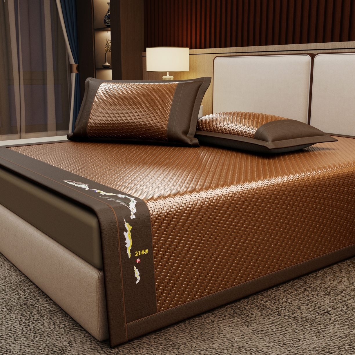 91家纺网 家纺一手货源 找家纺 梵克保罗 2026新款3D加厚复合PE聚乙烯雪藤席-琉璃山河 琉璃山河-深咖