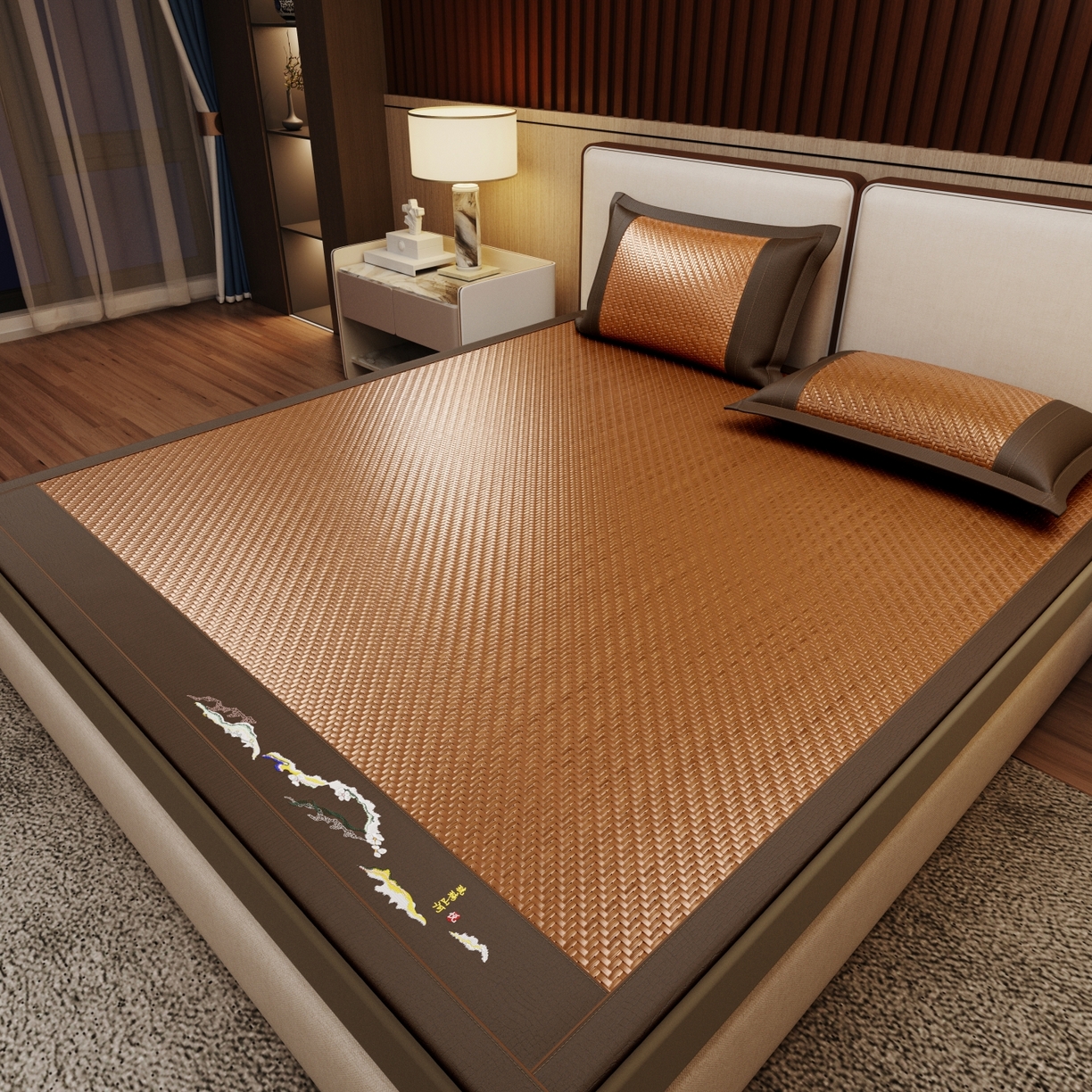 91家纺网 家纺一手货源 找家纺 梵克保罗 2026新款3D加厚复合PE聚乙烯雪藤席-琉璃山河 琉璃山河-浅咖