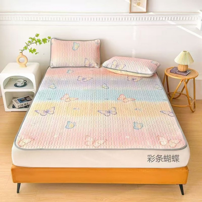 梵克保罗 2026新款凉感丝乳胶凉席印花三件套绑带款乳胶条席床单 彩条蝴蝶