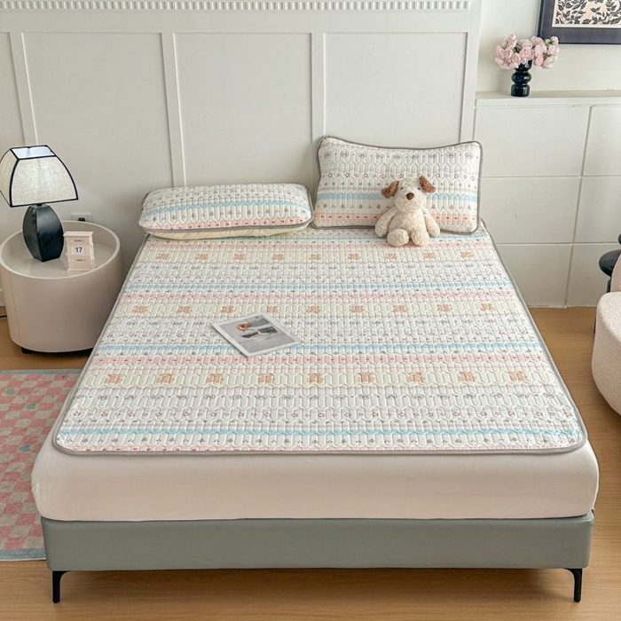 梵克保罗 2026新款凉感丝乳胶凉席印花三件套绑带款乳胶条席床单 彩条小趣