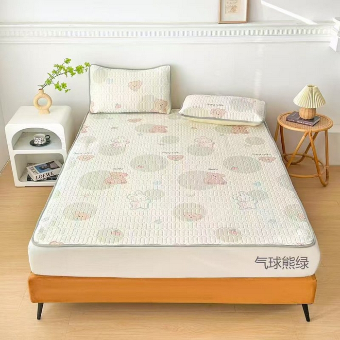 梵克保罗 2026新款凉感丝乳胶凉席印花三件套绑带款乳胶条席床单 气球熊绿