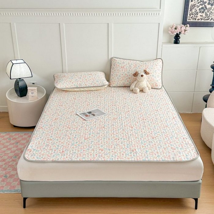 梵克保罗 2026新款凉感丝乳胶凉席印花三件套绑带款乳胶条席床单 浅夏