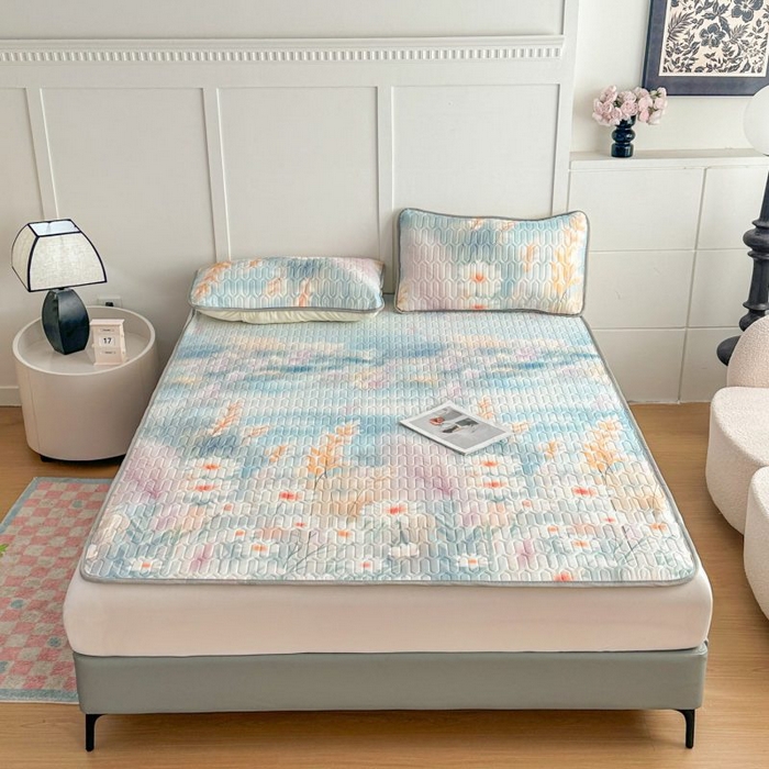 梵克保罗 2026新款凉感丝乳胶凉席印花三件套绑带款乳胶条席床单 水彩花镜