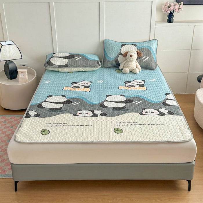 梵克保罗 2026新款凉感丝乳胶凉席印花三件套绑带款乳胶条席床单 熊猫蓝